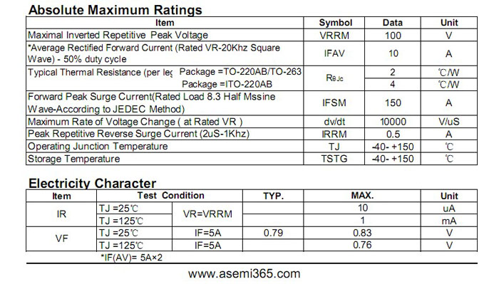 ASEMI肖特基二极管MBR10100FCT