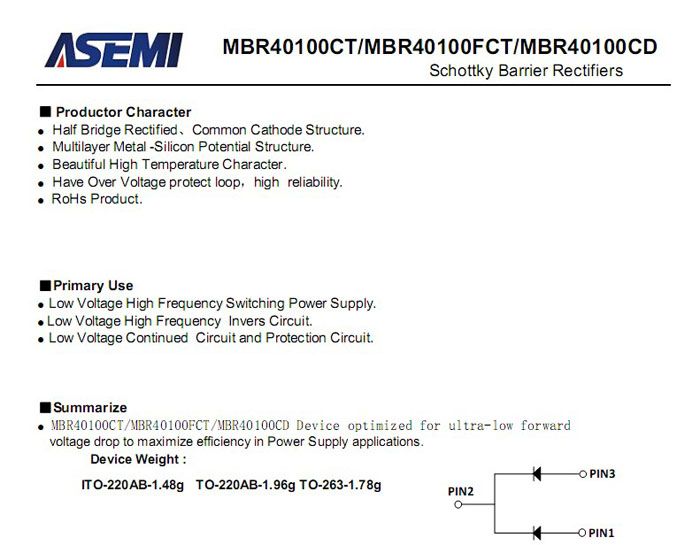 ASEMI肖特基二极管MBR40100FCT