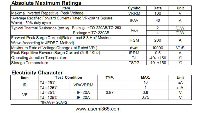 ASEMI肖特基二极管MBR40100FCT