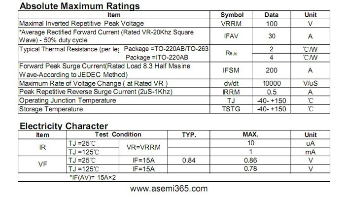 ASEMI肖特基二极管MBR30100FCT