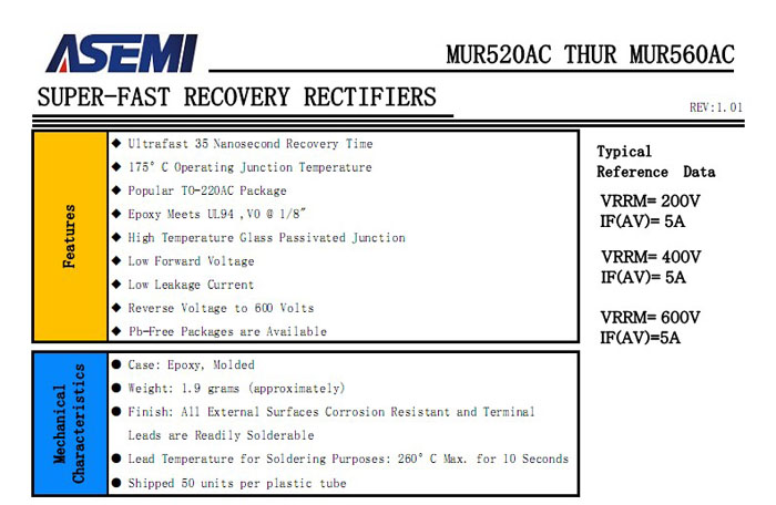 ASEMI超快恢复二极管MUR560AC