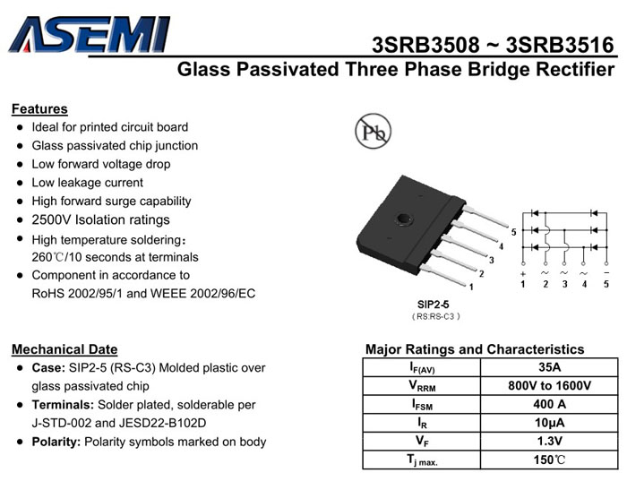 ASEMI三相整流桥3SRB3516规格书