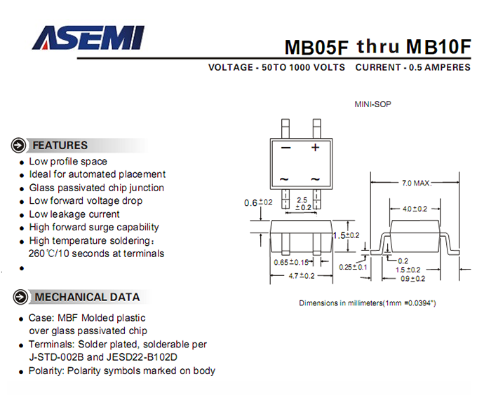 ASEMI品牌MB6F参数规格书