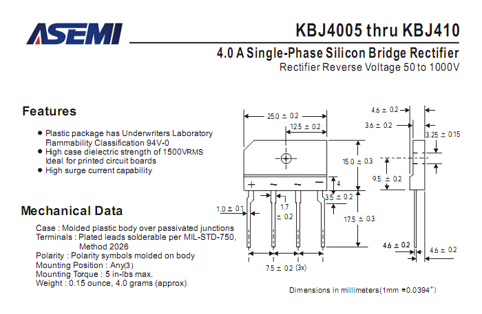 ASEMI整流桥KBJ410中文资料