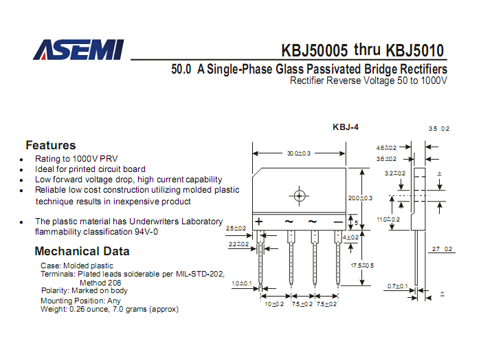 ASEMI整流桥KBJ5010中文资料