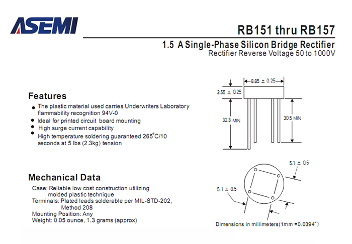 ASEMI品牌RB157参数规格书