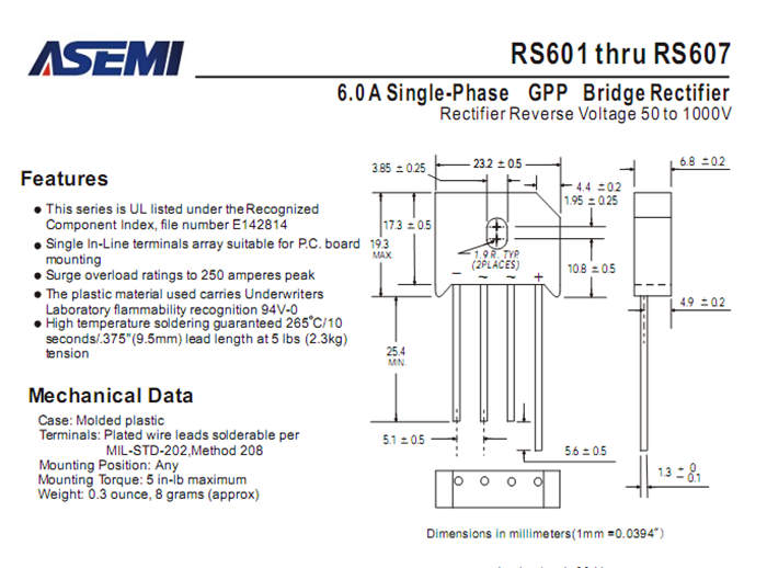 ASEMI品牌RS607参数规格书