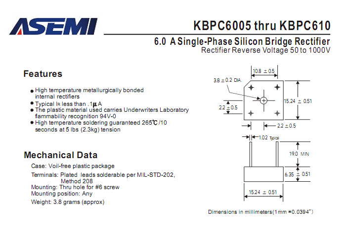 ASEMI品牌KBPC610中文资料