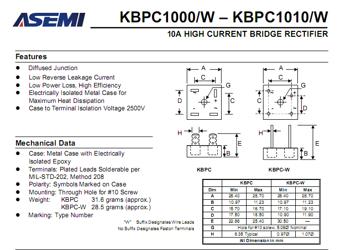 ASEMI品牌KBPC1010中文资料