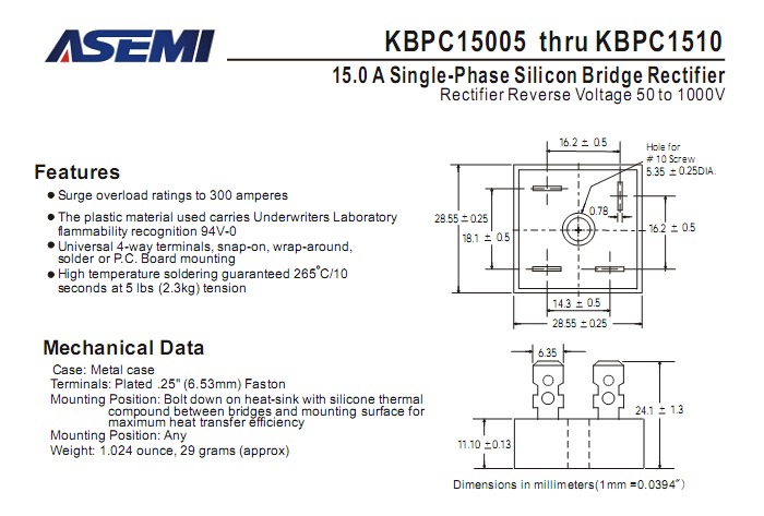 ASEMI品牌KBPC1510中文资料