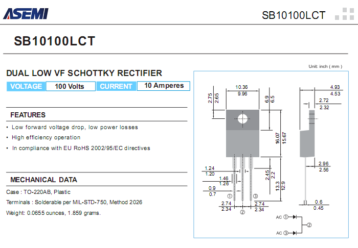 SB10100LCT 低压降肖特基参数书