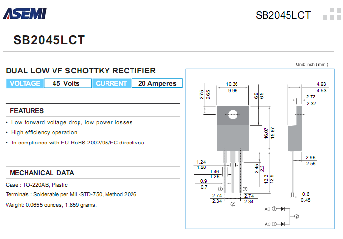 SB2045LCT 低压降肖特基参数书