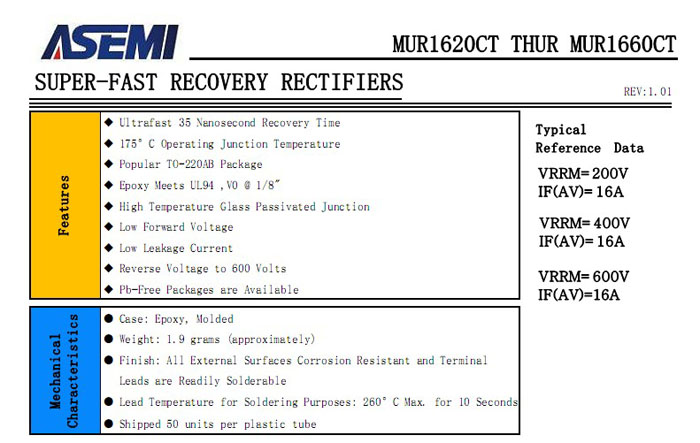 MURF1620CT超快恢复二极管参数规格书下载