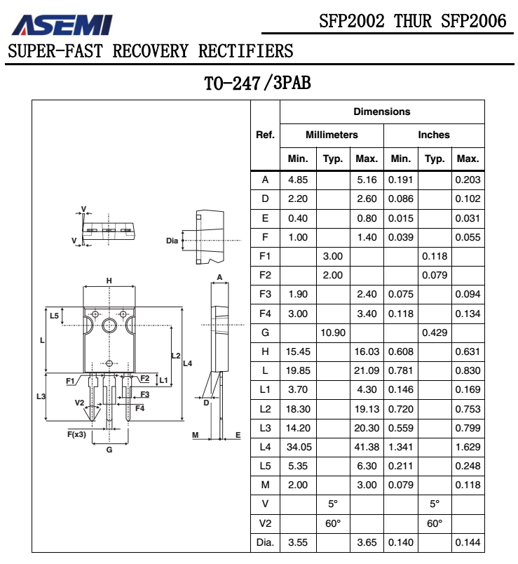 SFP2002/SFP2004/SFP2006  ASEMI超快恢复二极管PDF规格书